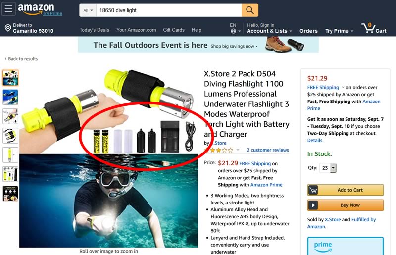 image - Amazon dive light and fraudulent 18650 batteries